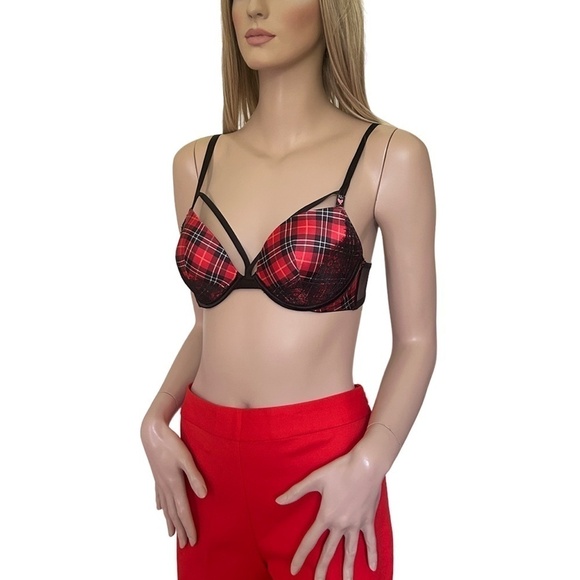 Victorias Secret Very Sexy Strappy Bra Lacy Tartan Plaid Padded Underwire Pushup - Picture 2 of 14